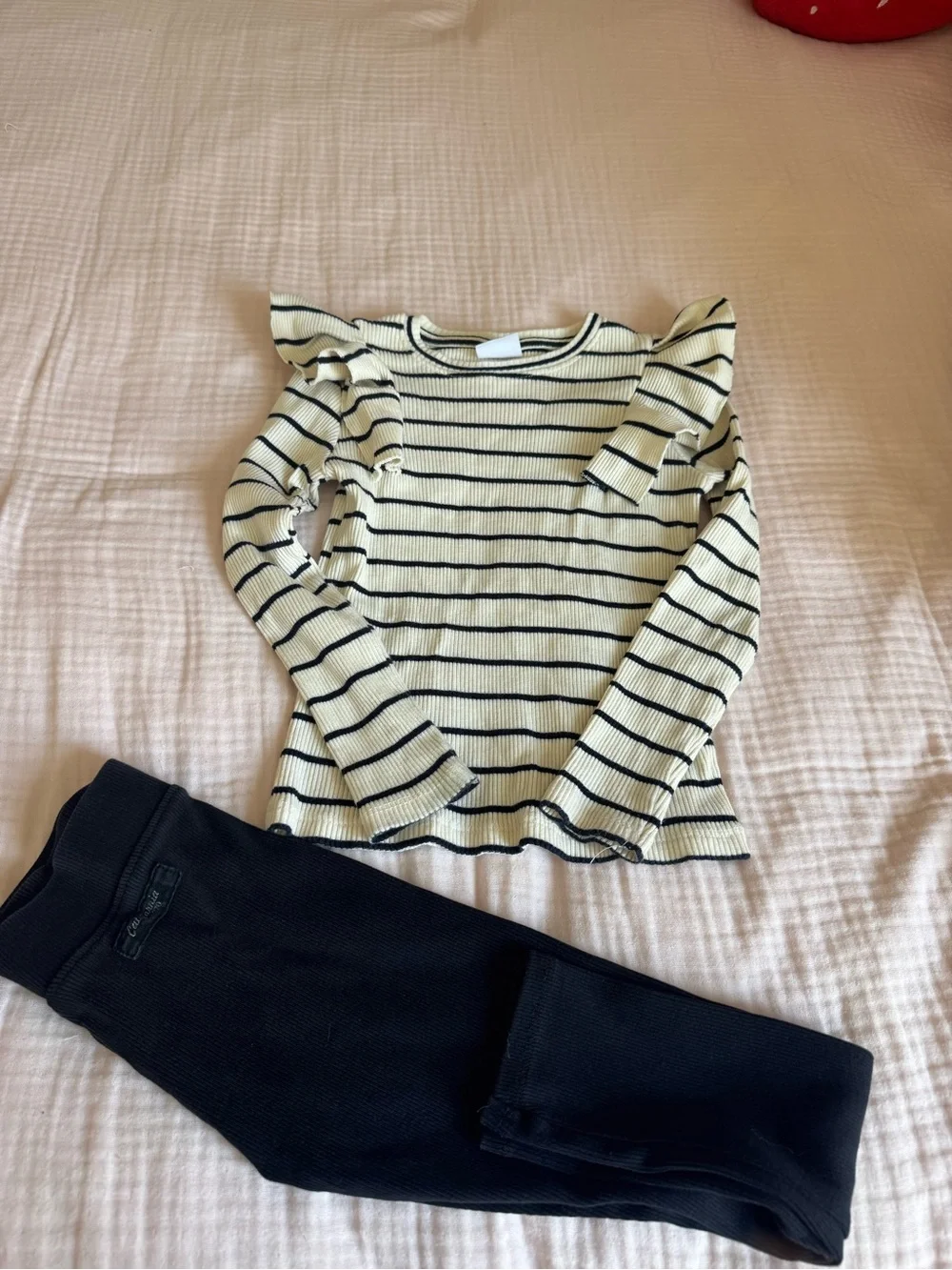 Zara Cream and Black Striped Ruffle Shoulder Long Sleeve Top